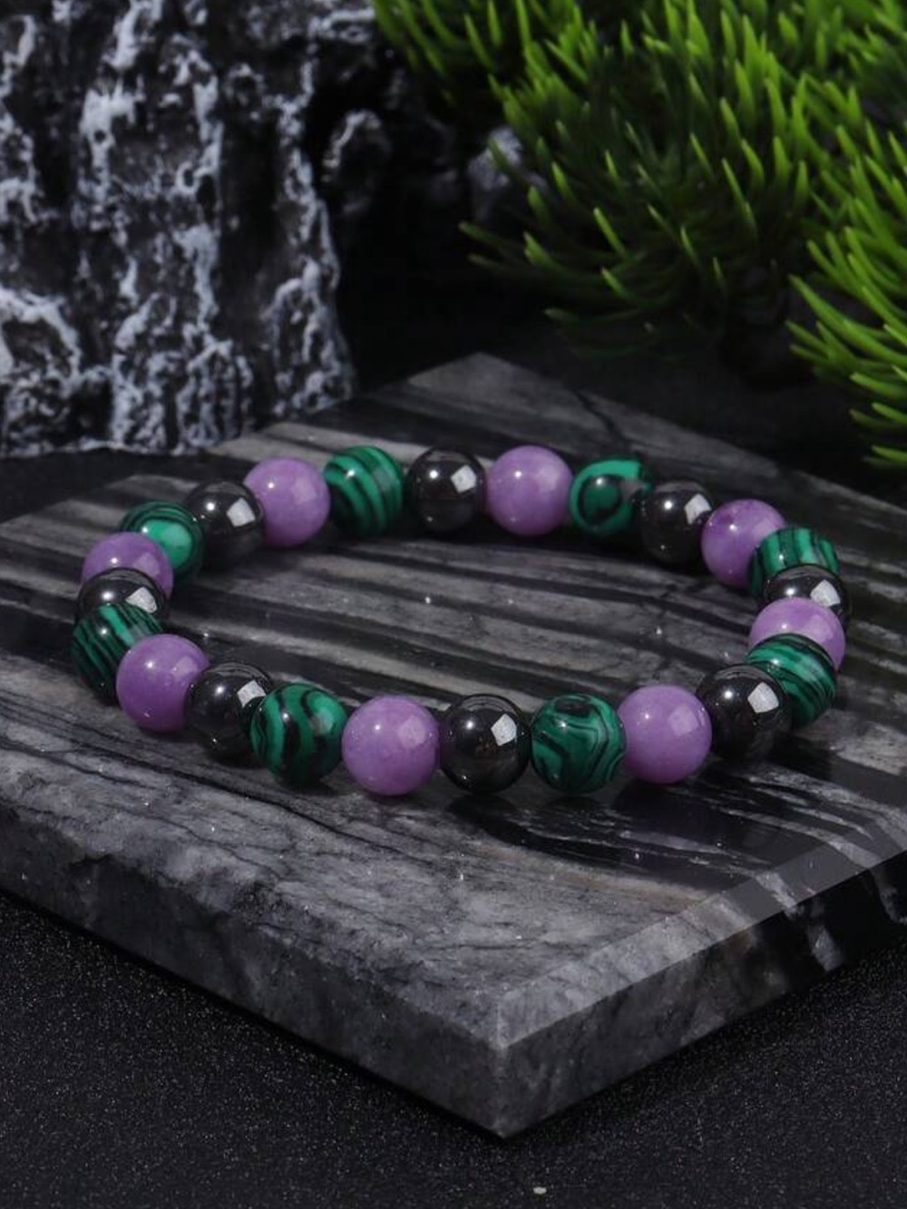 🆕New Depression Crystal Beaded Bracelet-8mm Hematite & Malachite & Purple Jade - Picture 3 of 4